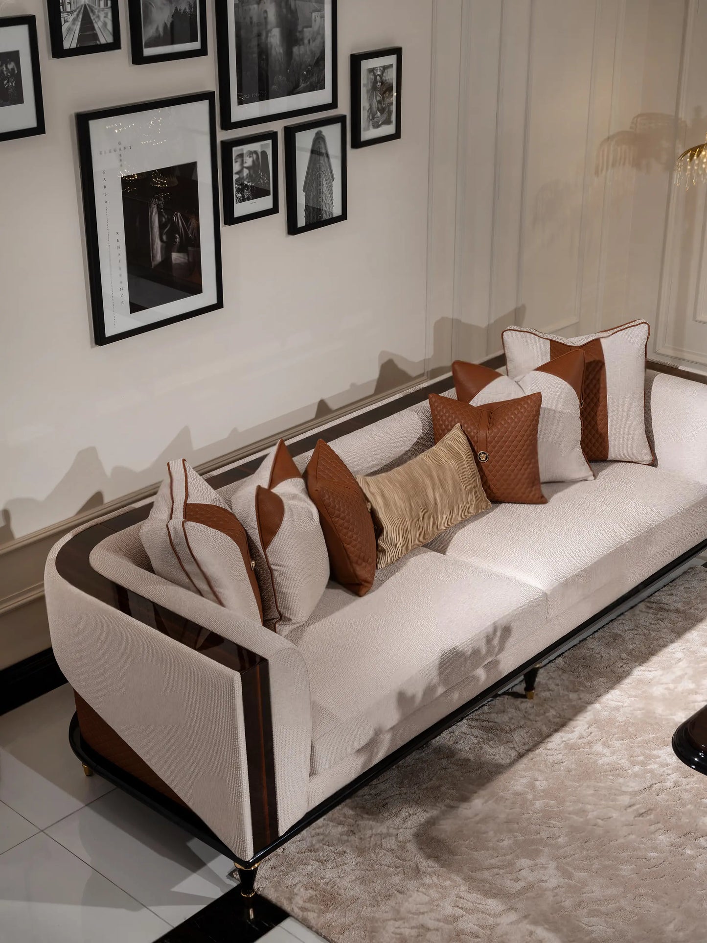 Nevada Sofa Set 4 seater wooden frame sofa with cushion details. Luxe Life Furniture.