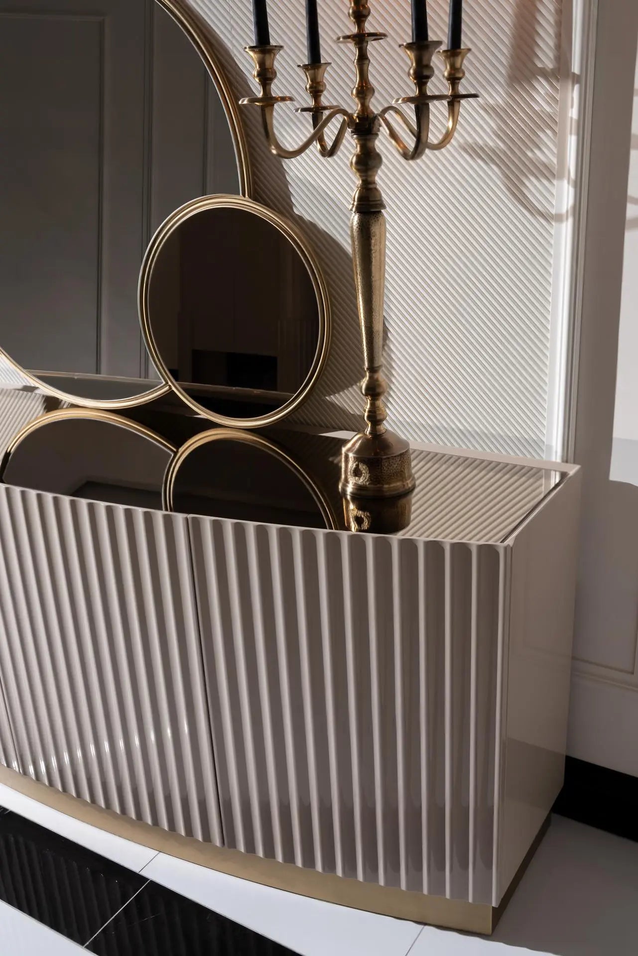 Odessa sideboard zoom view showing top and side details. Luxe Life Furniture.