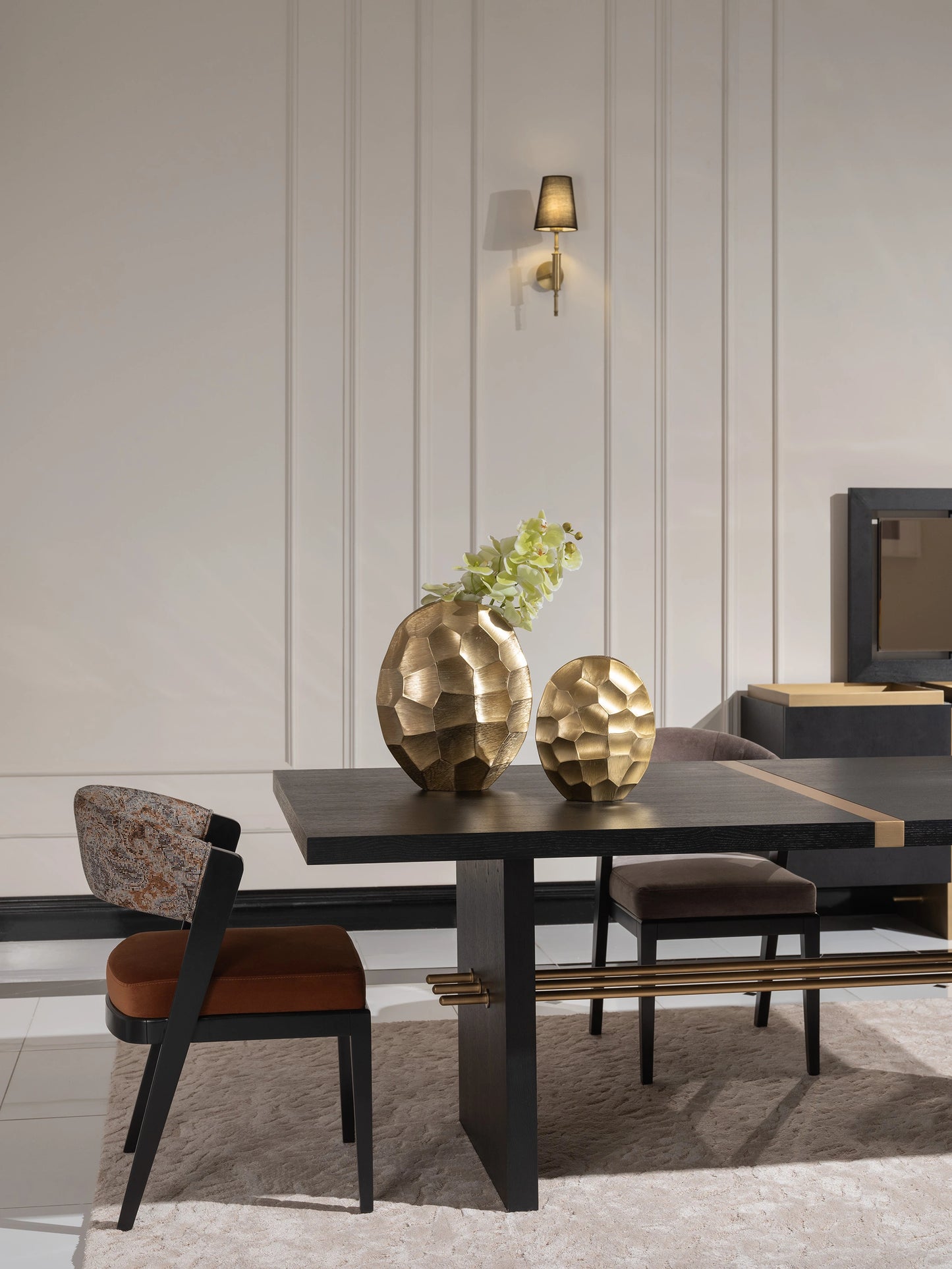 Sophisticated dinner party setup with Pietra set,showing side part