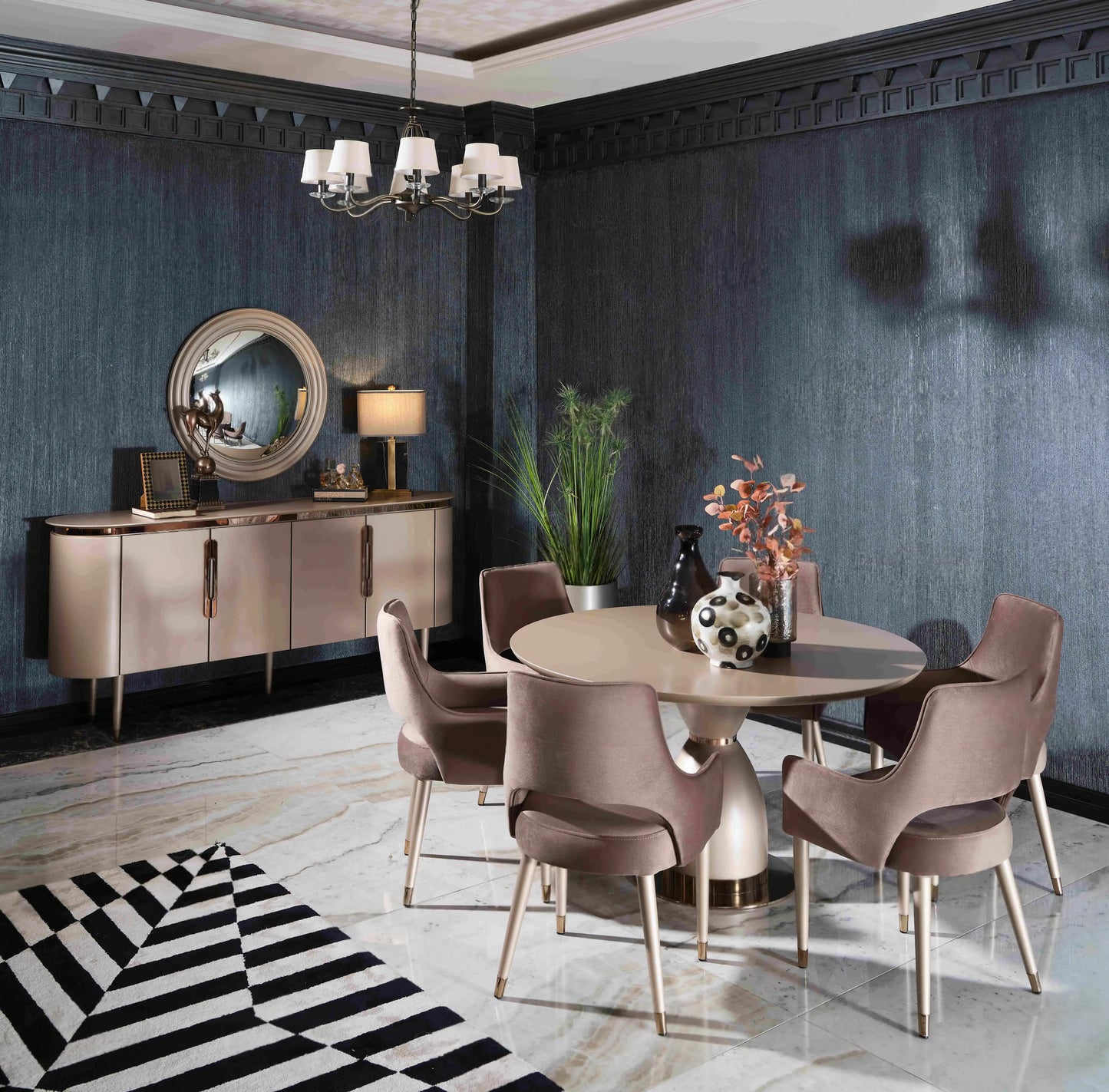 Porto round dining table, beige, with 6 chairs and sideboard with mirror. Part of the Porto Dining Set. Luxe Life Furniture.