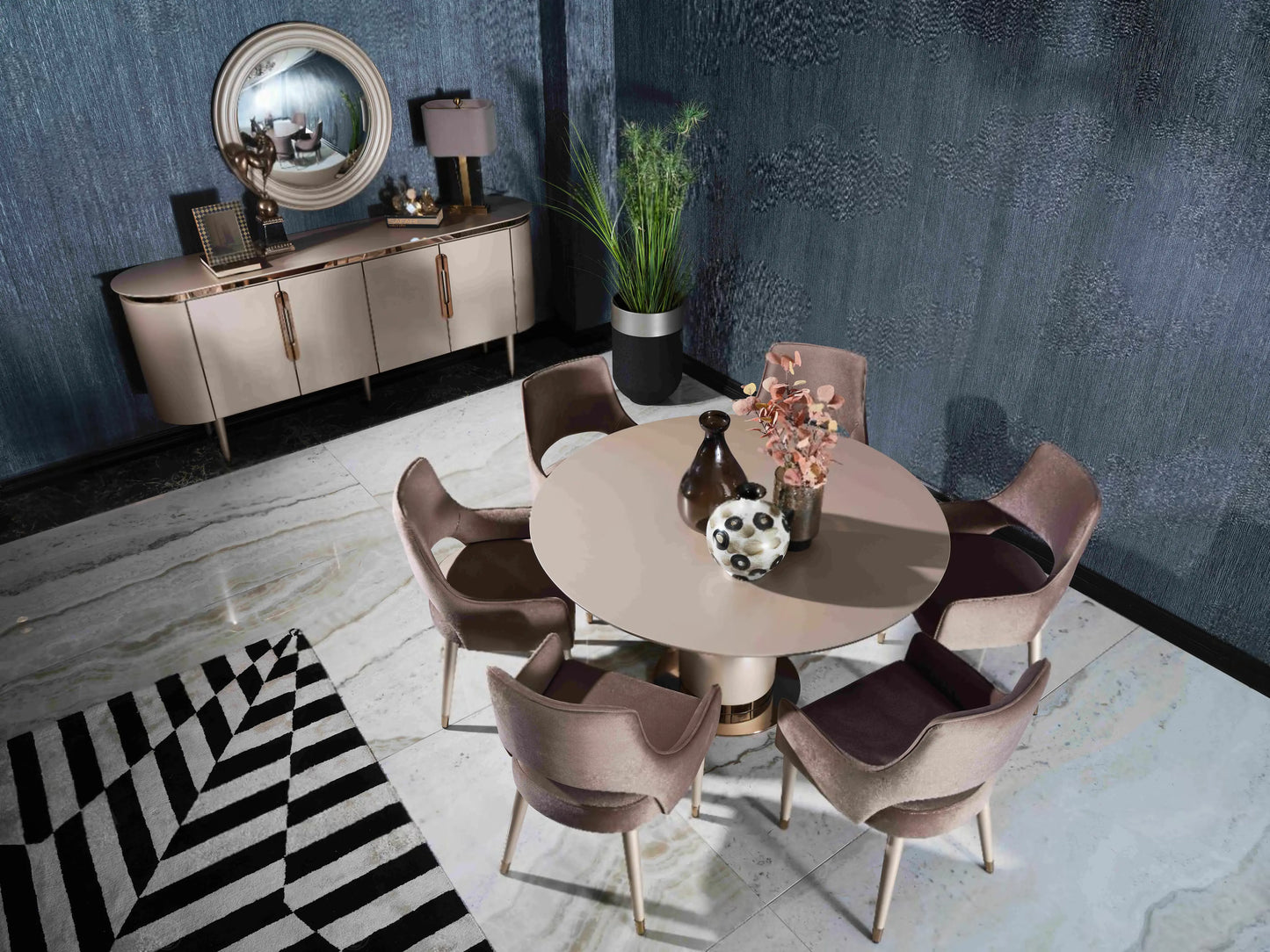 Top view, Porto round dining table, beige, 6 chairs, sideboard with mirror. Part of the Porto Dining Set. Luxe Life Furniture.