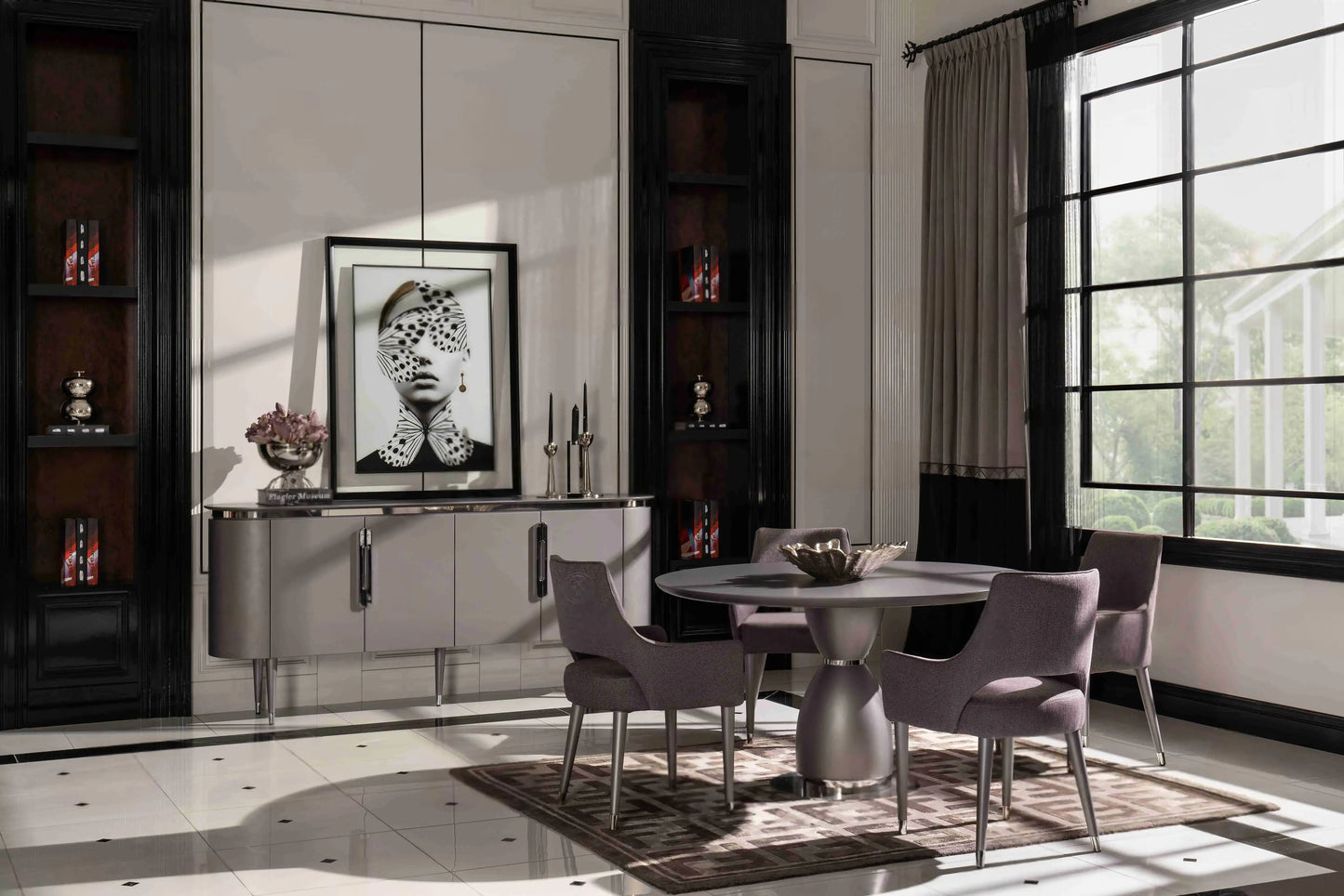 Porto round dining table, grey, with 4 chairs and sideboard with mirror. Part of the Porto Dining Set. Luxe Life Furniture.