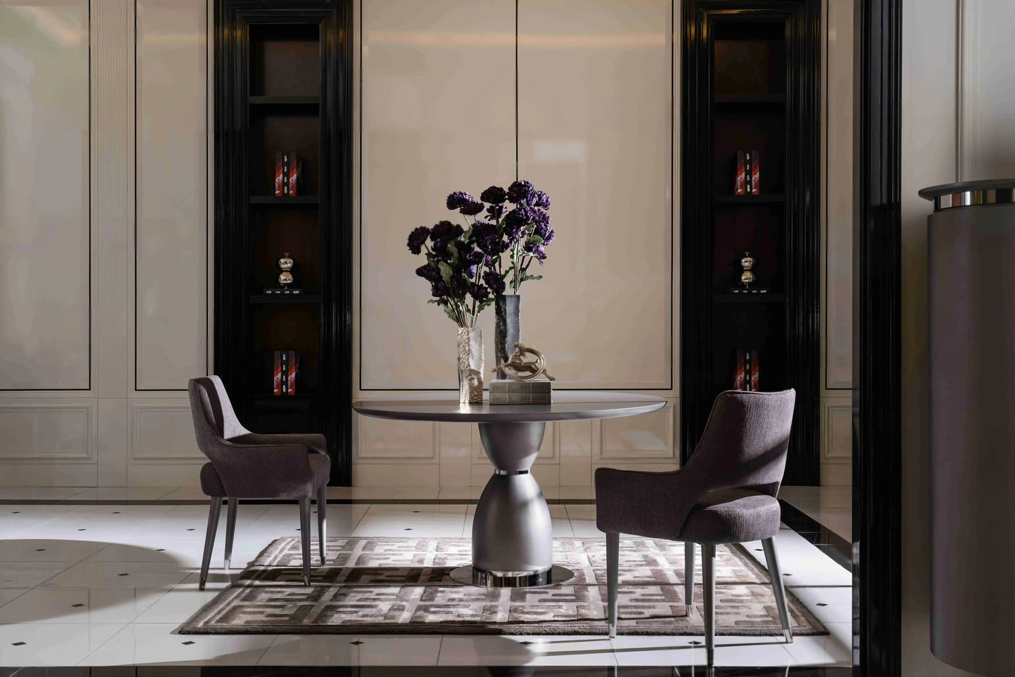 Side view, Porto round table, 2 armchairs, showing table design. Part of the Porto Dining Set. Luxe Life Furniture.