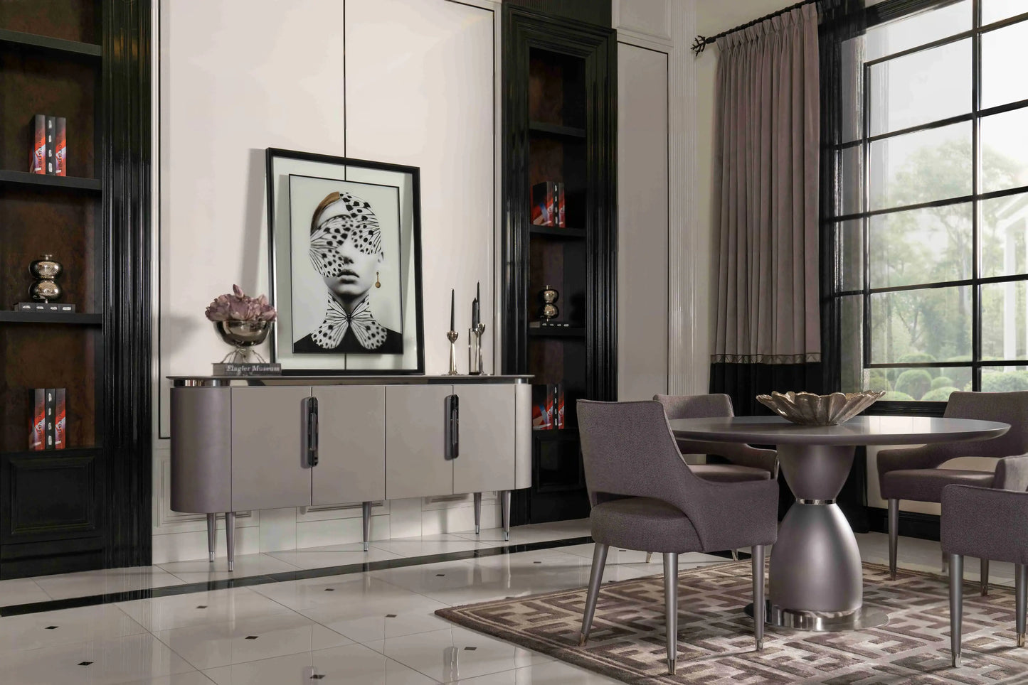 Porto round dining table and sideboard. Part of the Porto Dining Set. Luxe Life Furniture.