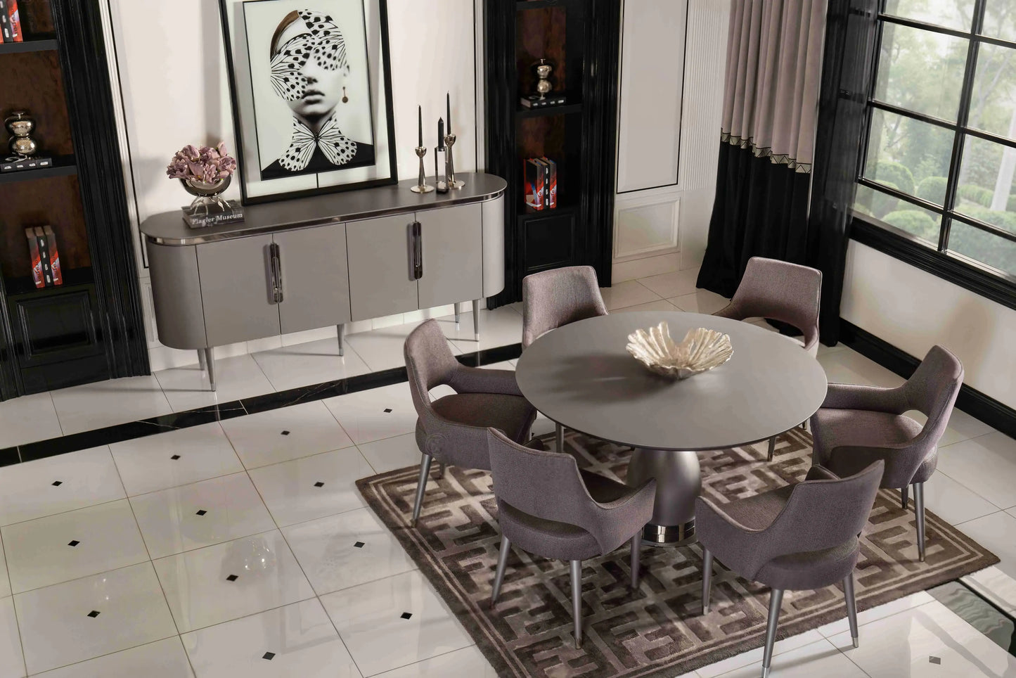 Top view, Porto round dining table, 6 chairs, and sideboard. Part of the Porto Dining Set. Luxe Life Furniture.