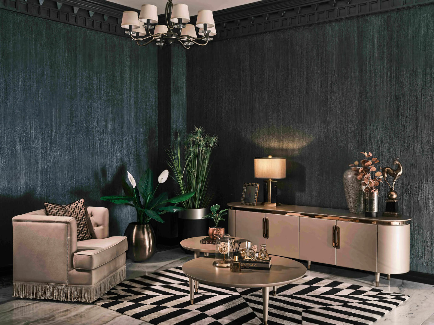 Porto TV unit, coffee tables, and armchair. Part of the Porto Dining Set. Luxe Life Furniture.