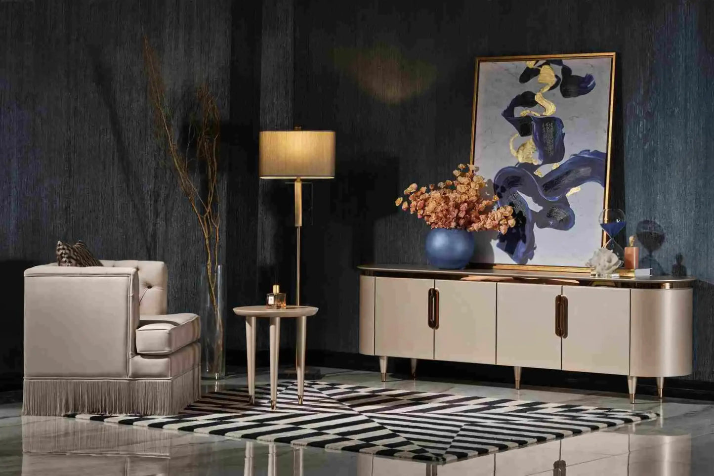 Porto TV unit, side table, and armchair. Part of the Porto Dining Set. Luxe Life Furniture.