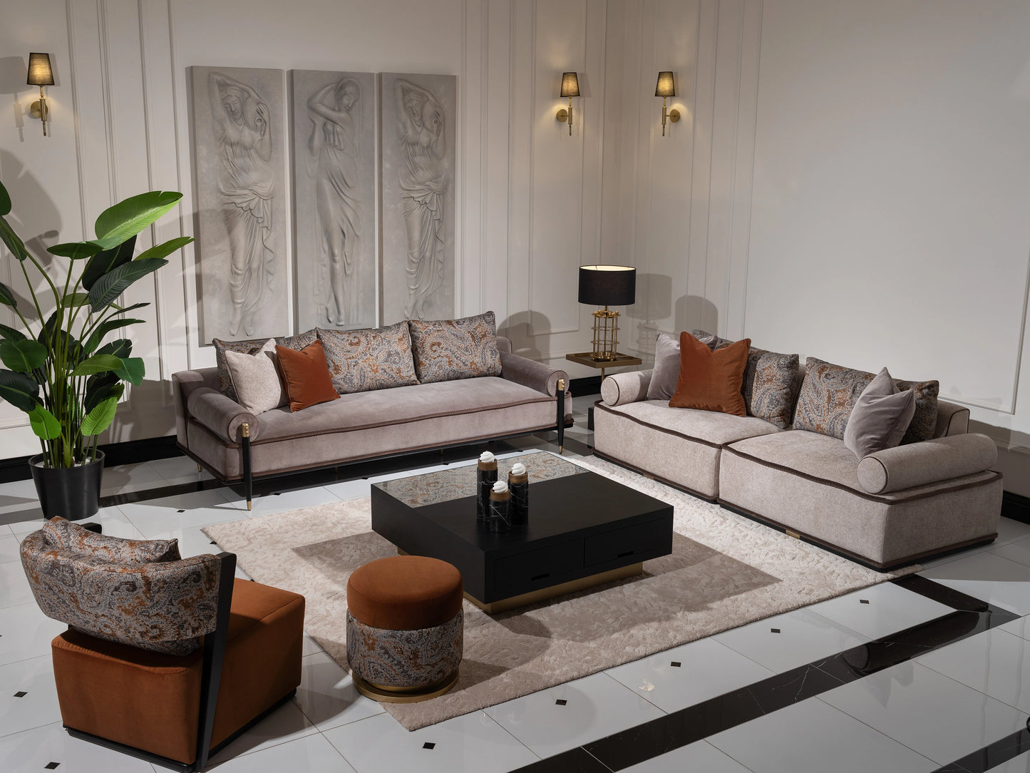 Puf seating in soft neutral upholstery