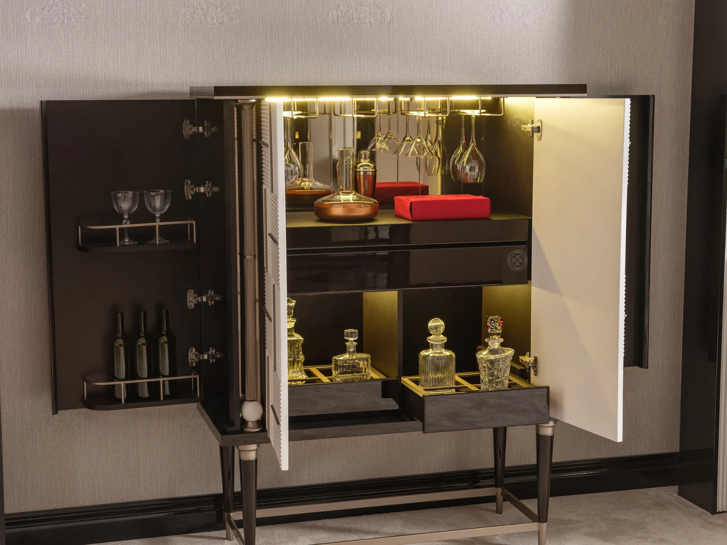 decorative accessories styled on Senato Bar with open doors