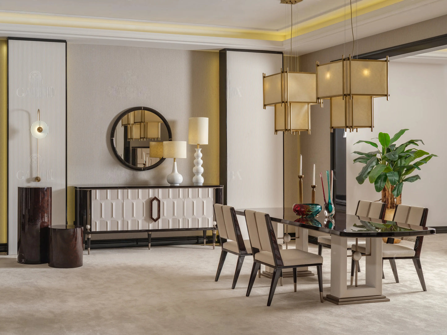 scenic view of table settings on Senato cream dining table ,six dining chairs and sideboard