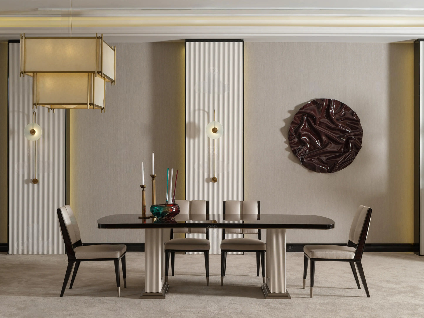 Side view of Senato cream dining table with glossy finish