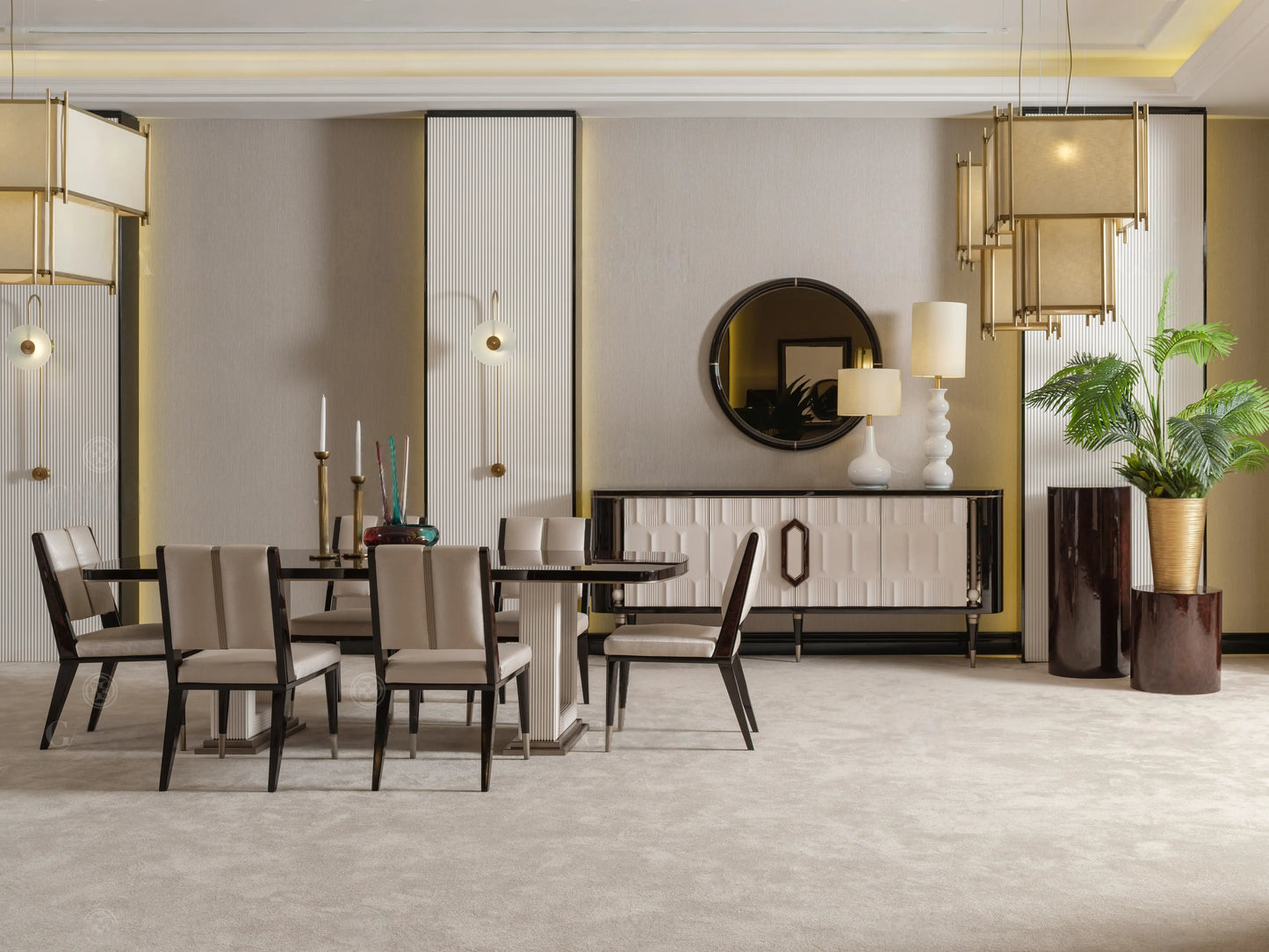 Senato dining table with 6 dining chairs placed beside matching cream sideboard