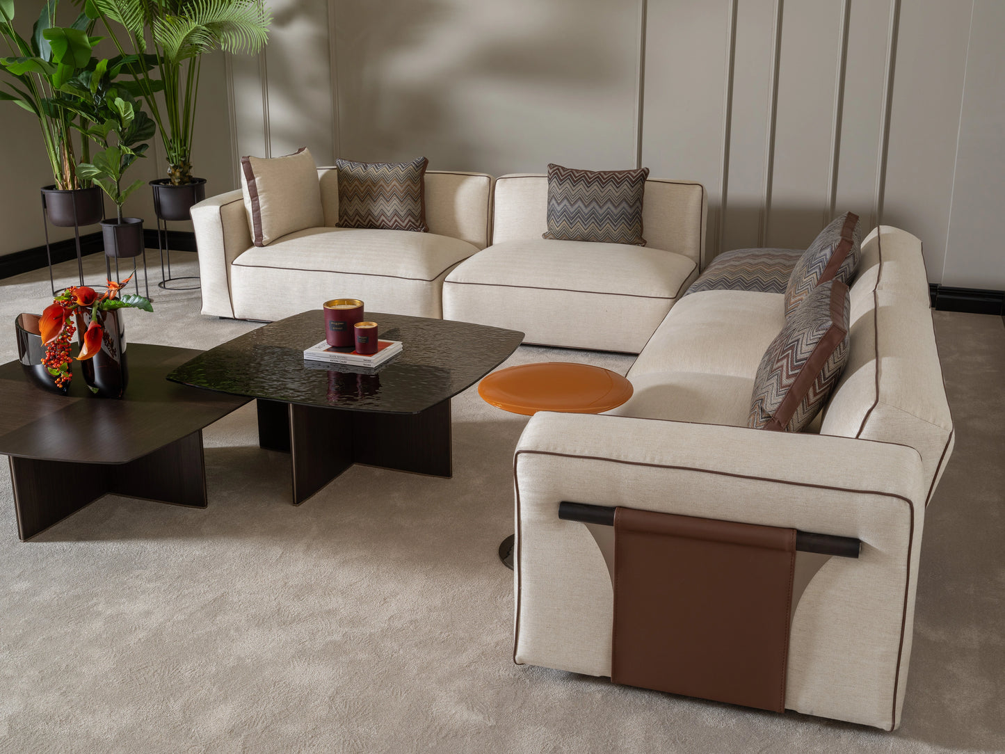 Moka sofa set in living room with cushions in customized colours