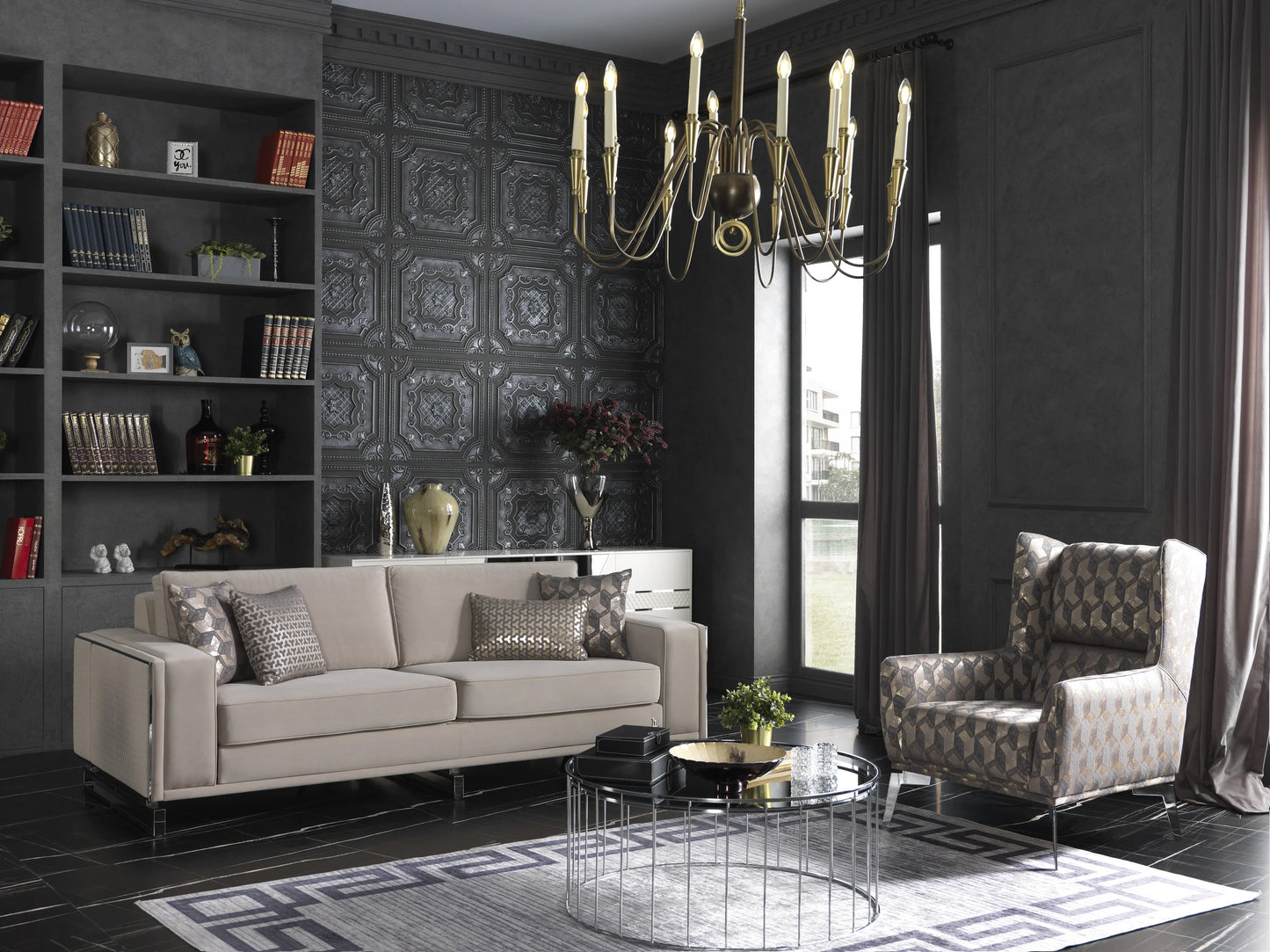 luda Sofa Set in evening ambiance with warm lighting