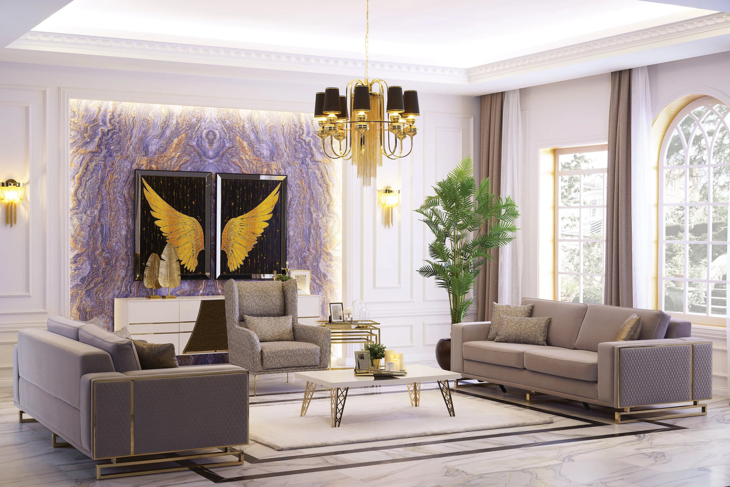 Uluda Sofa Set in elegant living room with gold accents