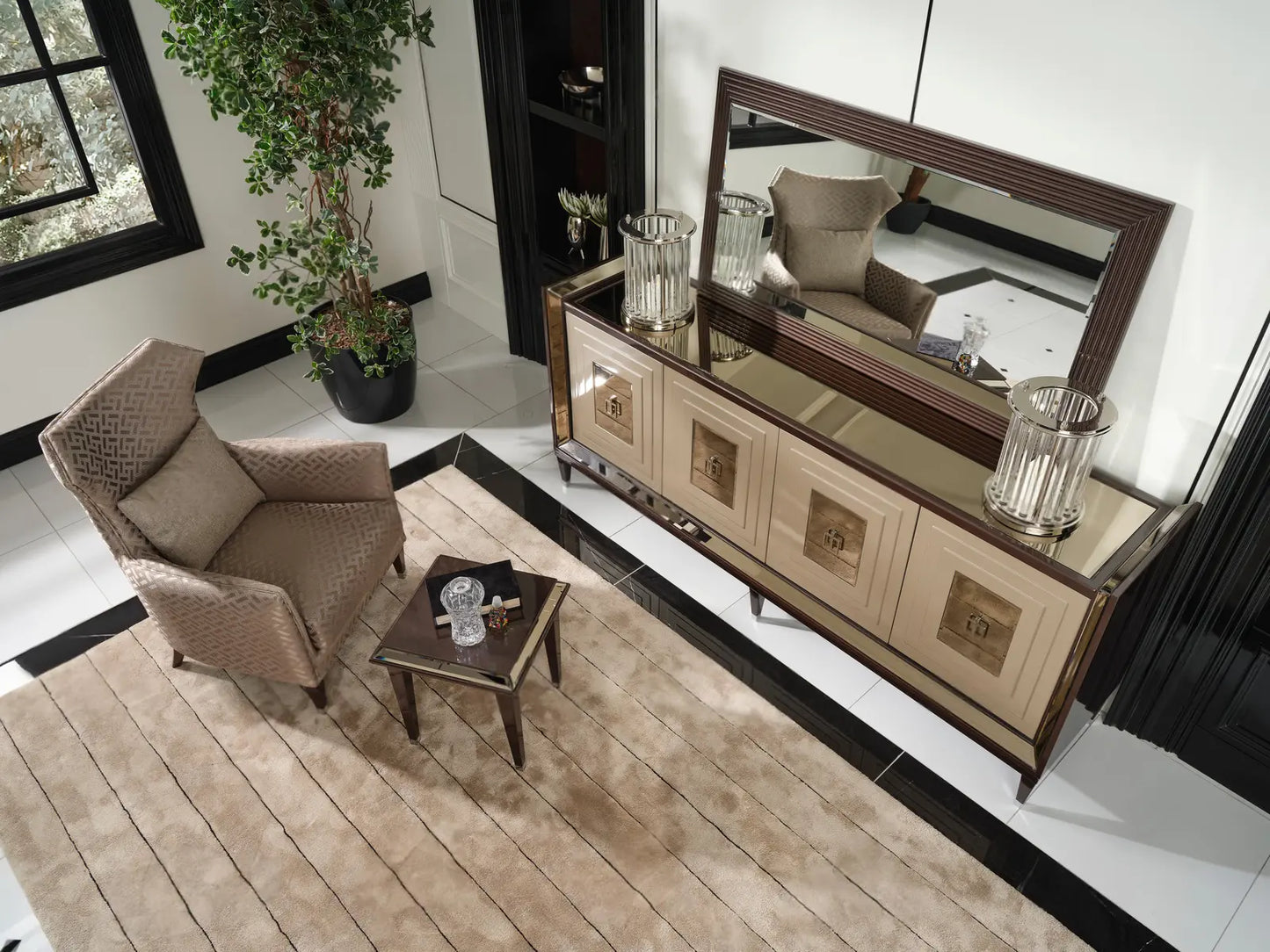 Varna Armchair with side table and sideboard with mirror, top view. Luxe Life Furniture.