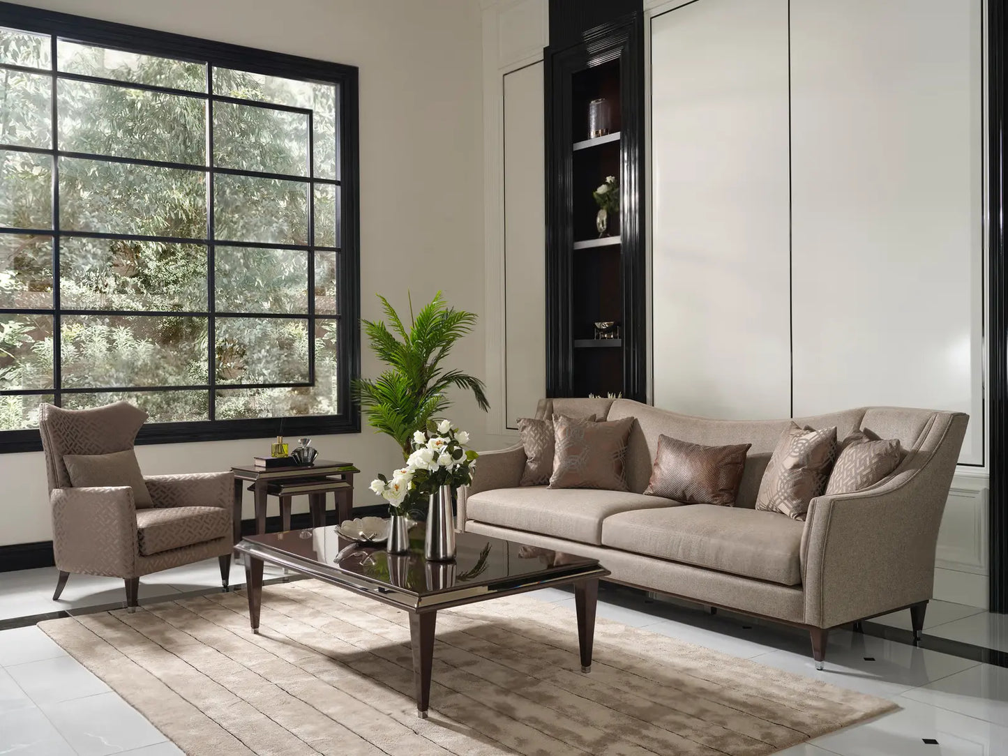 Varna Coffee Table in the room with 4-seater sofa, armchair, and nesting tables. Luxe Life Furniture.