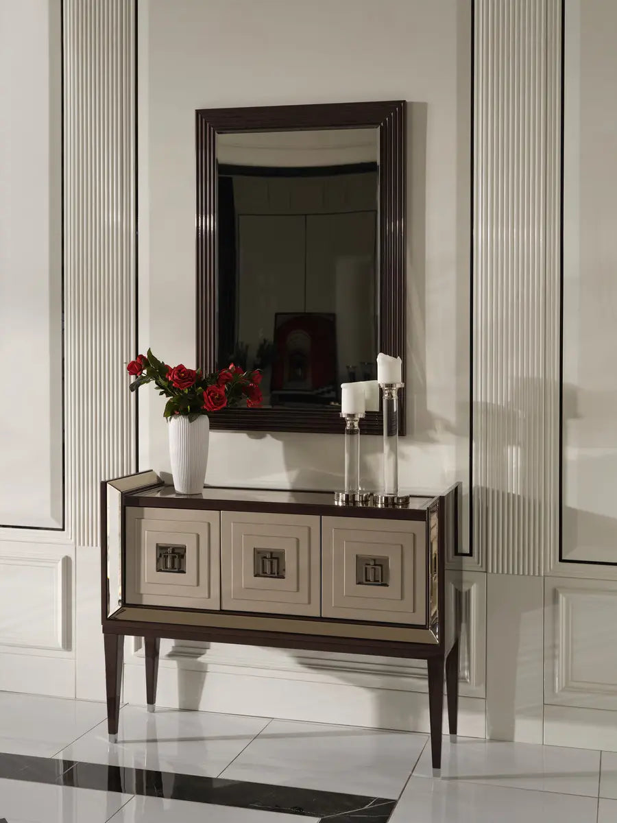 Varna Console Table with mirror above it, full front view. Luxe Life Furniture.