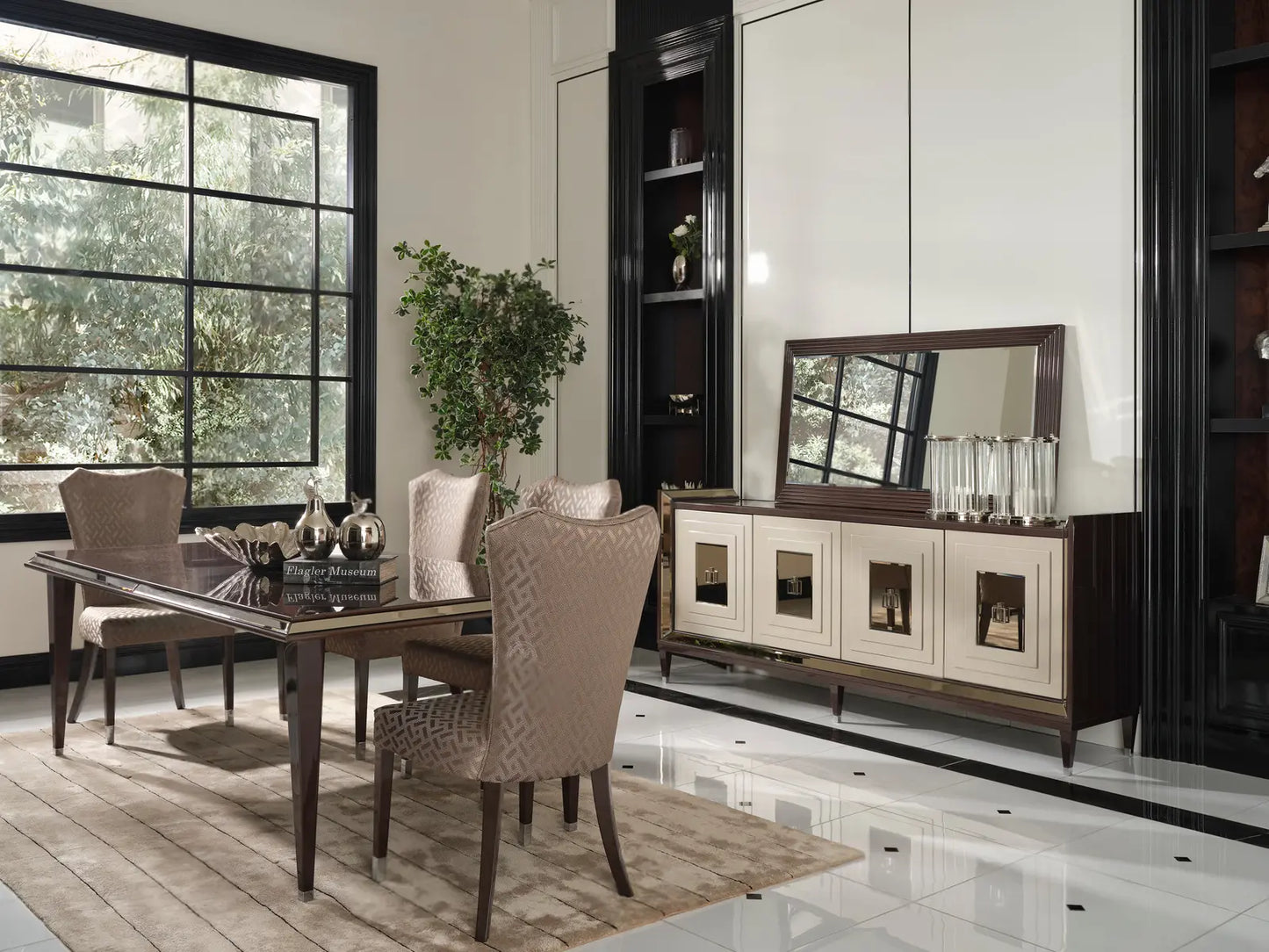 Varna Dining Set, side view of the dining table with 6 chairs and sideboard with mirror. Luxe Life Furniture.