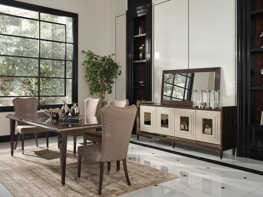 Varna Dining Set, featuring a wooden dining table with 6 chairs and a sideboard with mirror. Luxe Life Furniture. Varna Dining Set, featuring a wooden dining table with 6 chairs and a sideboard with mirror. Luxe Life Furniture.