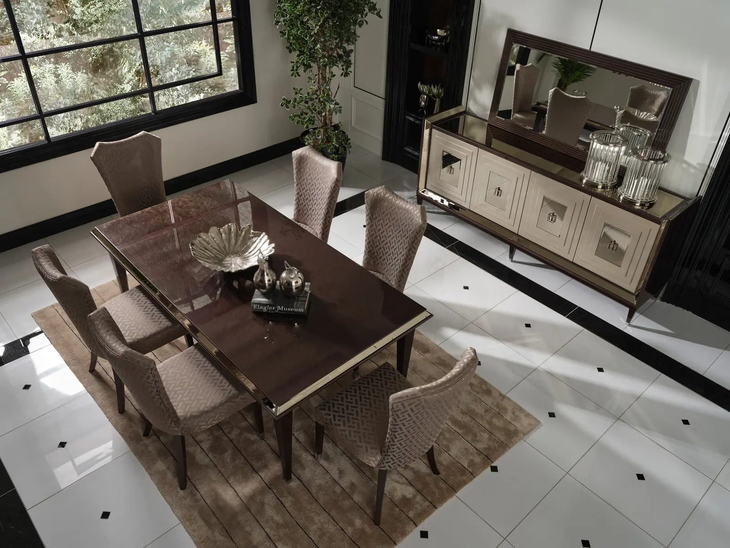 Varna Dining Set, featuring a wooden dining table with 6 chairs and a sideboard with mirror. Luxe Life Furniture.
