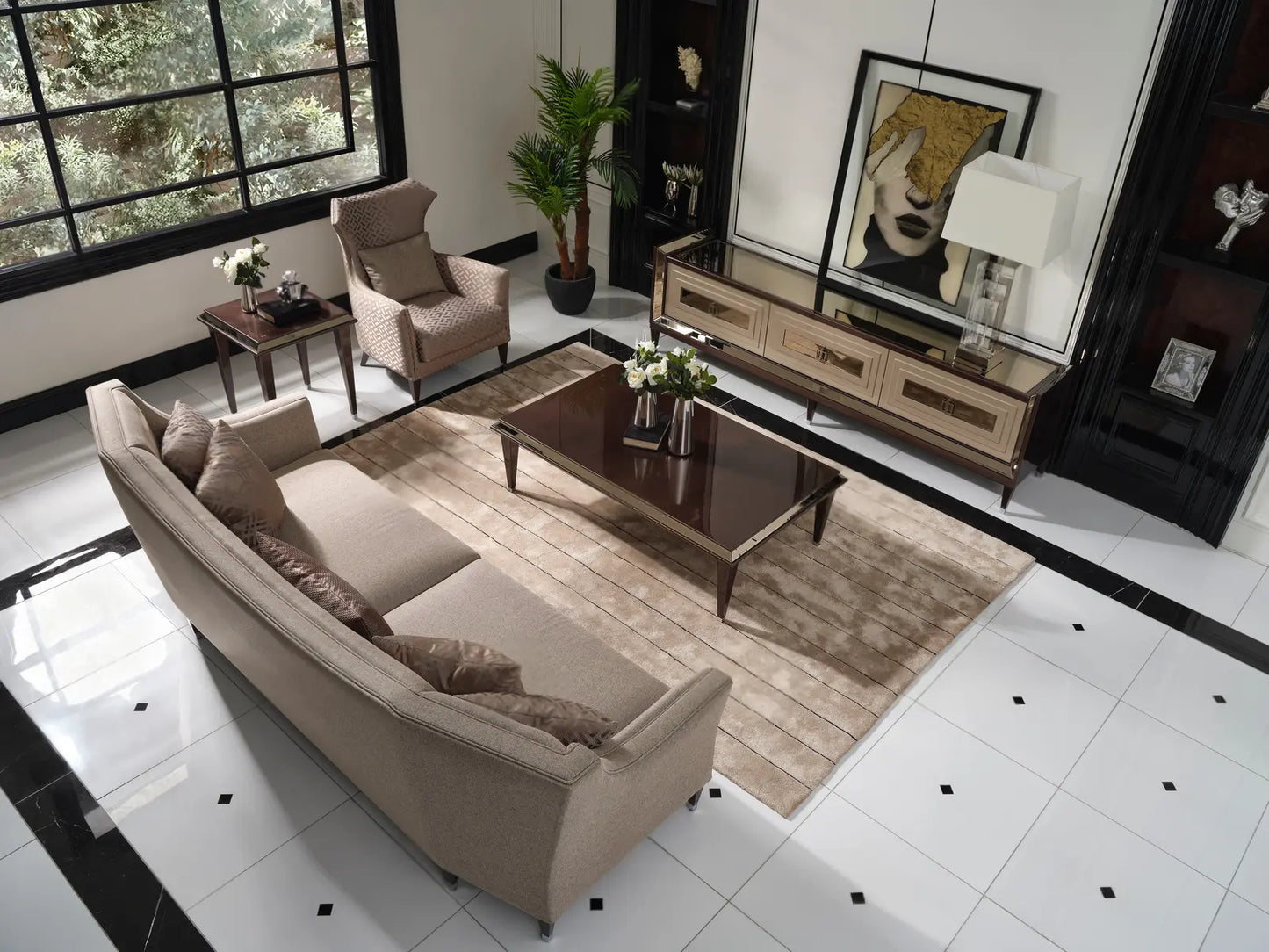 Overhead view of living room with Varna sofa, armchair, side table, and TV.