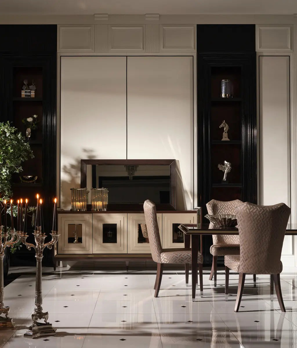 Varna Sideboard with dining table and 3 chairs, front view. Luxe Life Furniture.