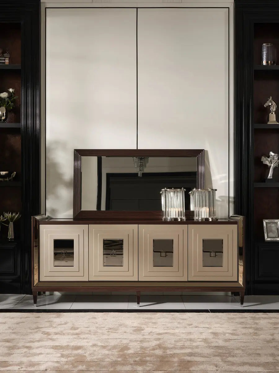 Varna Dining Set, sideboard with mirror, showcasing detailed front view. Luxe Life Furniture.