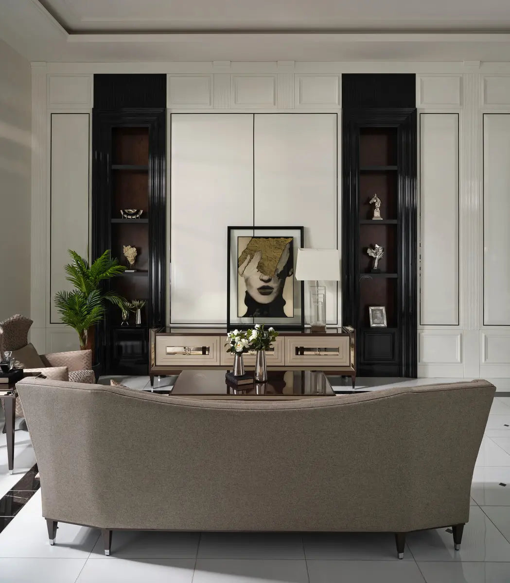 Back design of Varna 4 seater sofa with TV unit and partial armchair.