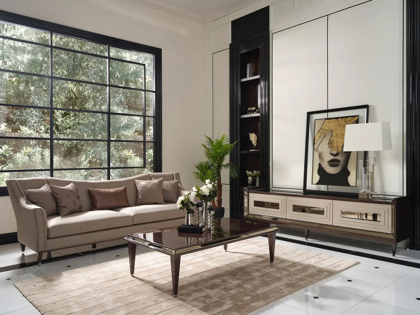 Varna Sofa Set with 4 seater, coffee table, and TV unit.
