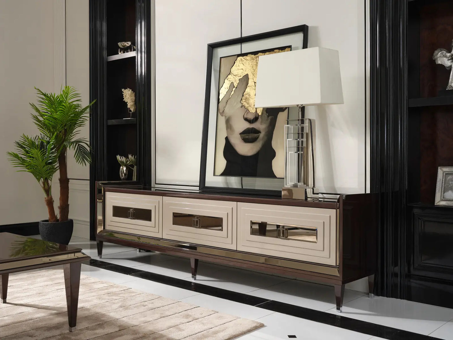 Varna TV Unit and partial coffee table, side view. Luxe Life Furniture.