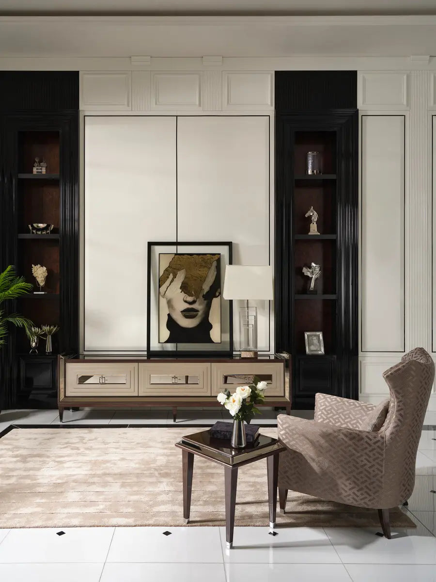 Varna TV Unit with side table and armchair in side view. Luxe Life Furniture.
