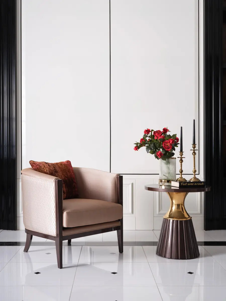 Close-up of the Venedik Dining Set armchair and side table. Luxe Life Furniture.