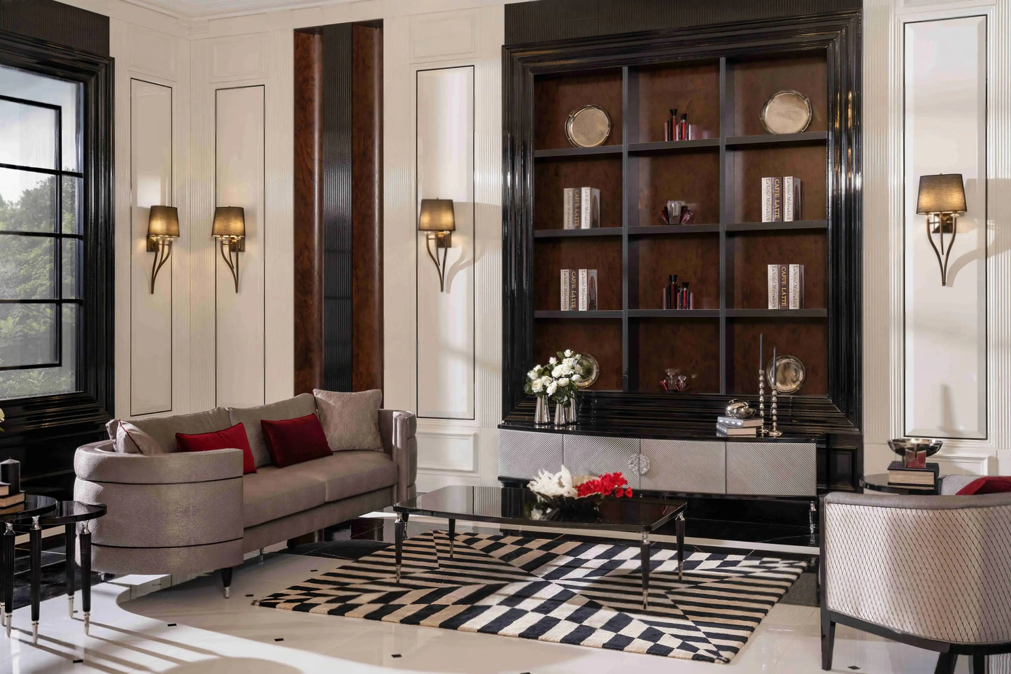 Side view of the four-seater oval sofa, part of the Venedik Sofa Set, with a TV unit, partial armchair, and nesting table. Luxe Life Furniture.