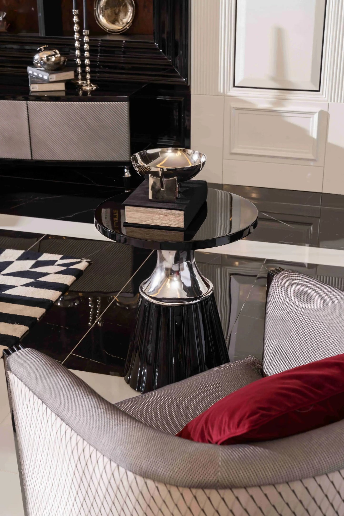 Side table, part of the Venedik Dining Set, with a partial view of the TV unit and armchair top. Luxe Life Furniture.