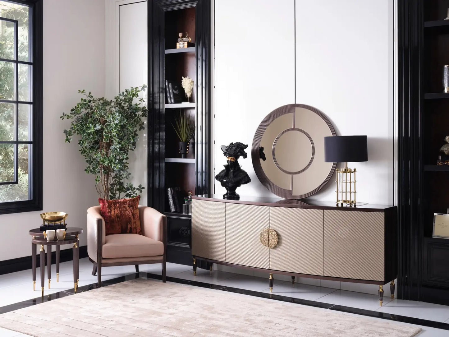 Front view of the Venedik Dining Set sideboard with mirror, an armchair, and a nesting table set. Luxe Life Furniture.
