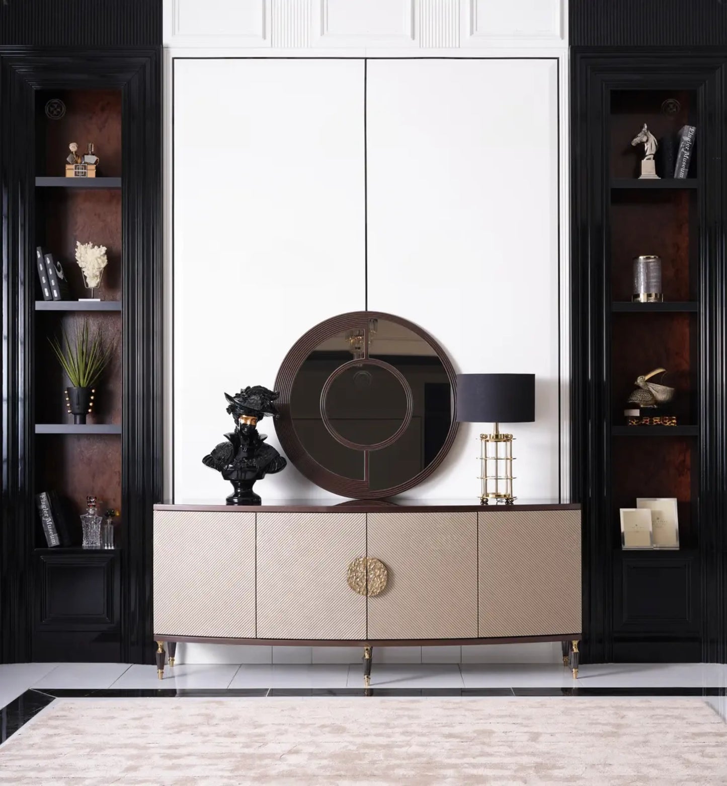 Full view of the Venedik Dining Set sideboard with a mirror. Luxe Life Furniture.