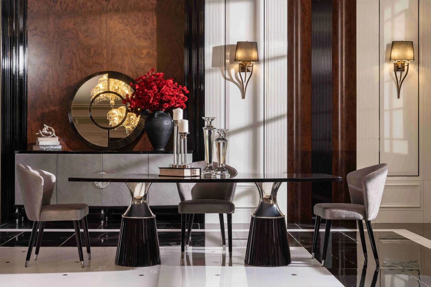 Side close-up of the silver finish Venedik Dining Set table with three chairs and sideboard. Luxe Life Furniture.