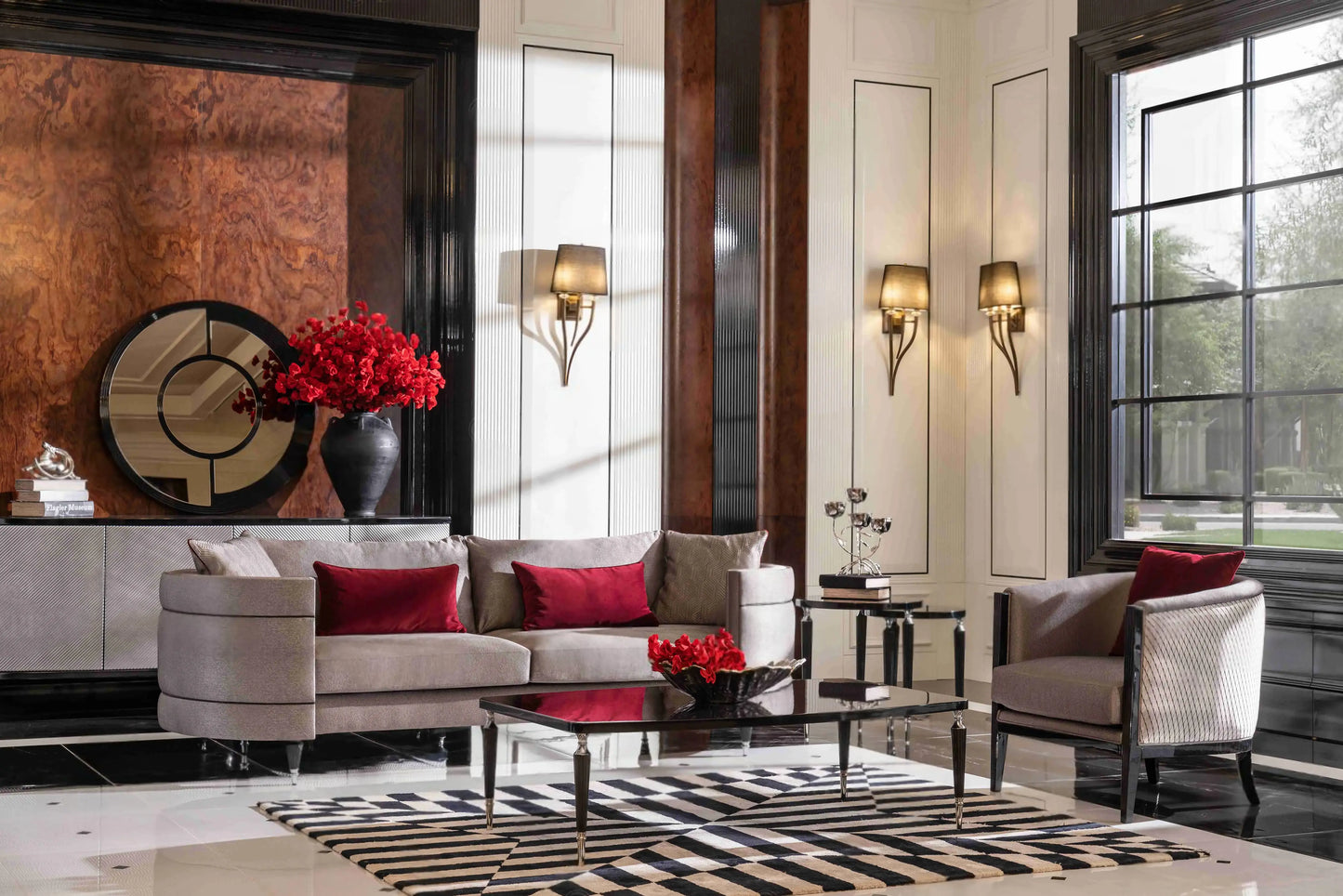 Venedik Sofa Set living room featuring a four-seater oval sofa, armchair, coffee table, and nesting table set of two. Luxe Life Furniture.