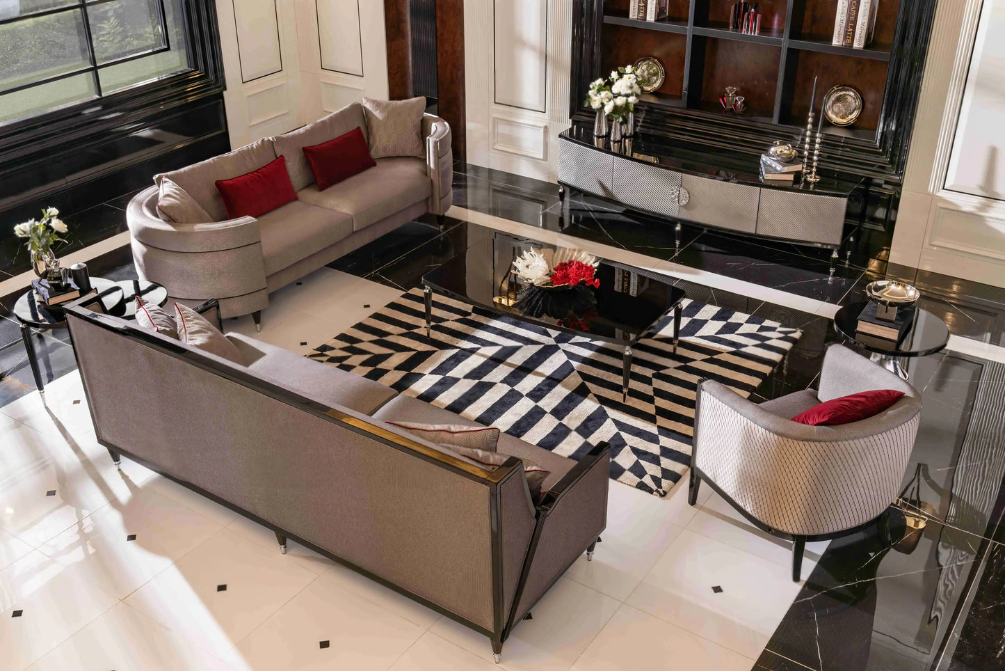 Top-down full view of the Venedik Sofa Set featuring a four-seater oval sofa, four-seater wooden sofa, armchair, coffee table, TV unit, partial side table, and partial nesting table set. Luxe Life Furniture.