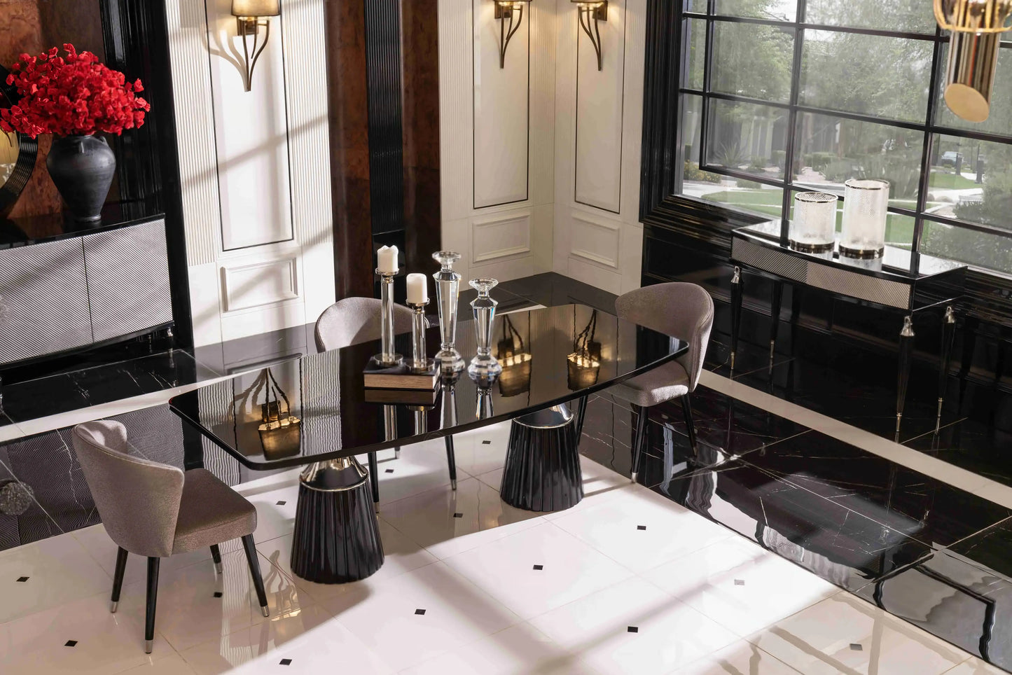 Top view of the Venedik Dining Set table with three chairs, console table behind, and partial sideboard view. Luxe Life Furniture.