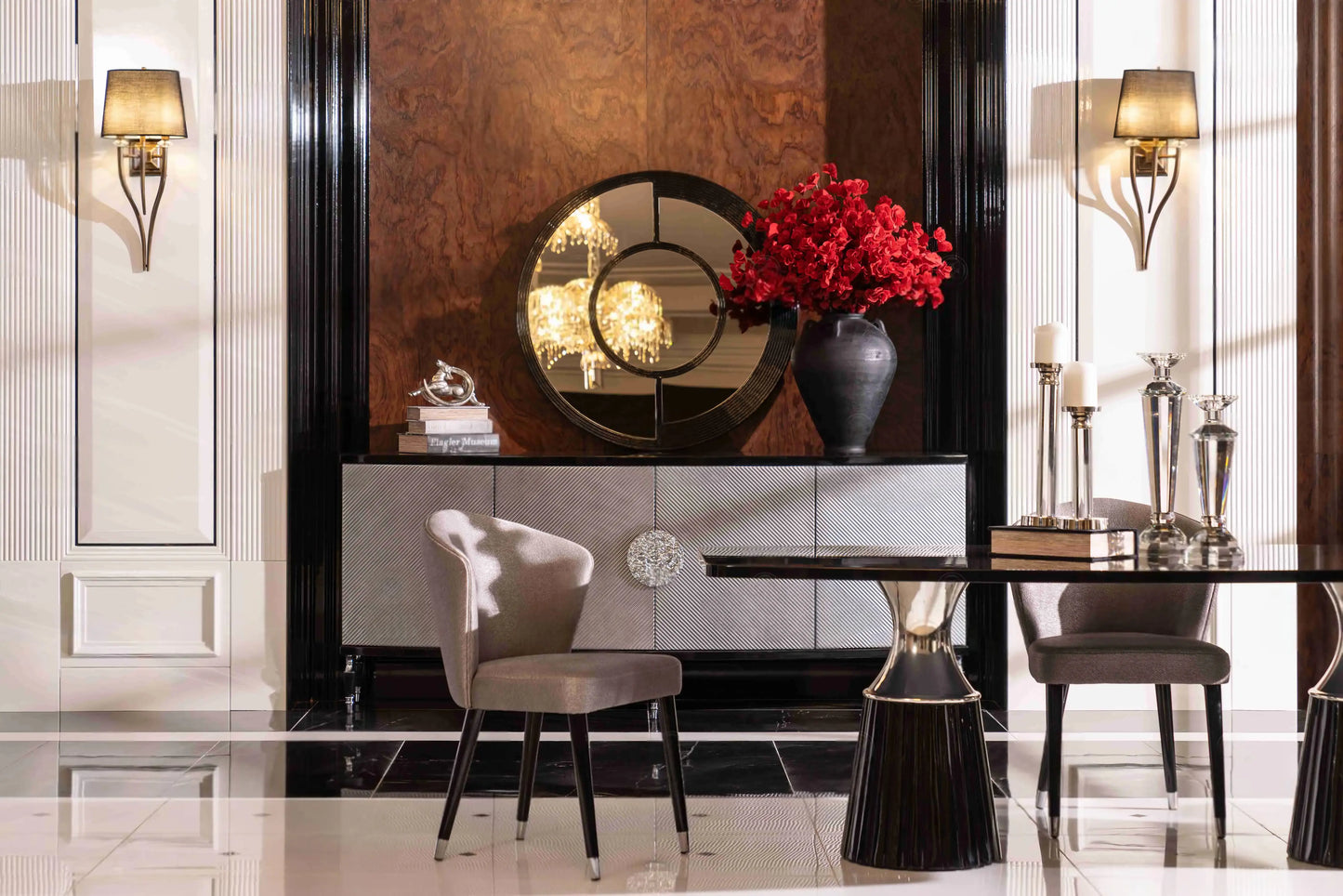 Partial view of the Venedik Dining Set table with two chairs and the sideboard with mirror behind. Luxe Life Furniture.