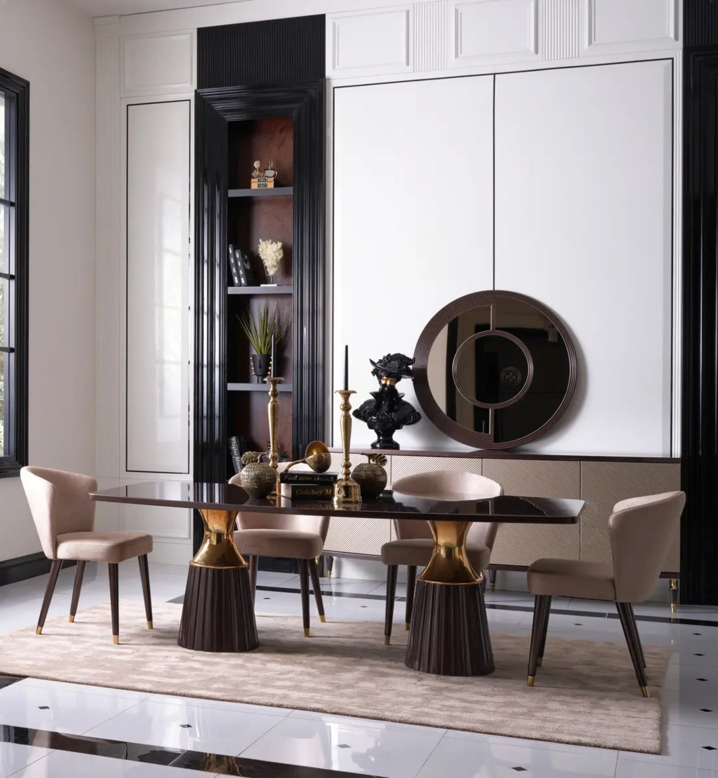 Side view of the Venedik Dining Set table with four chairs and the sideboard with mirror partially visible. Luxe Life Furniture.
