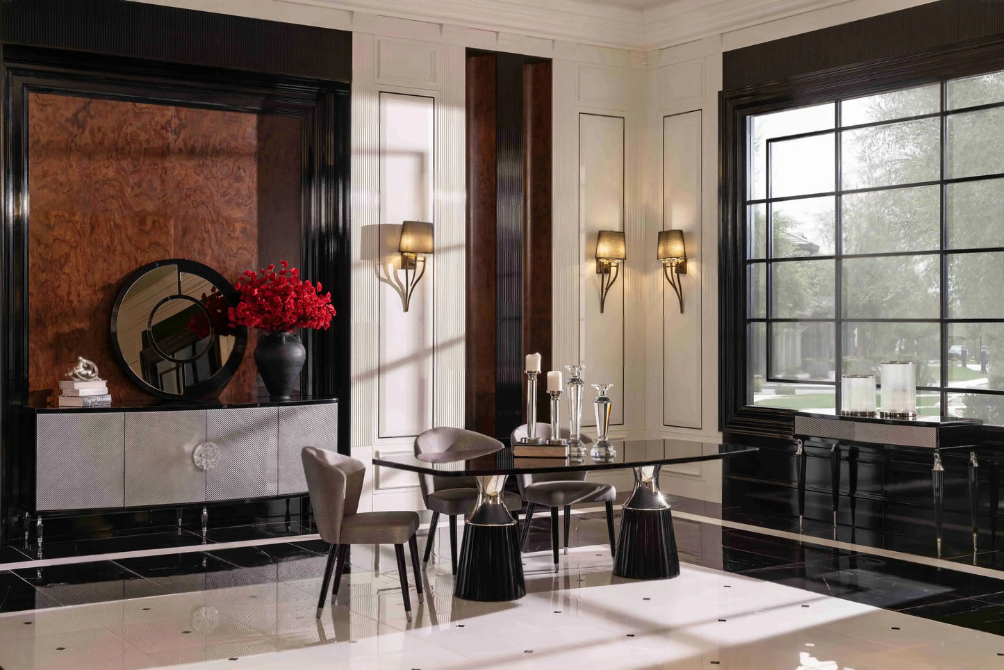 View of the Venedik Dining Set dining table with three chairs and the sideboard with mirror. Luxe Life Furniture.