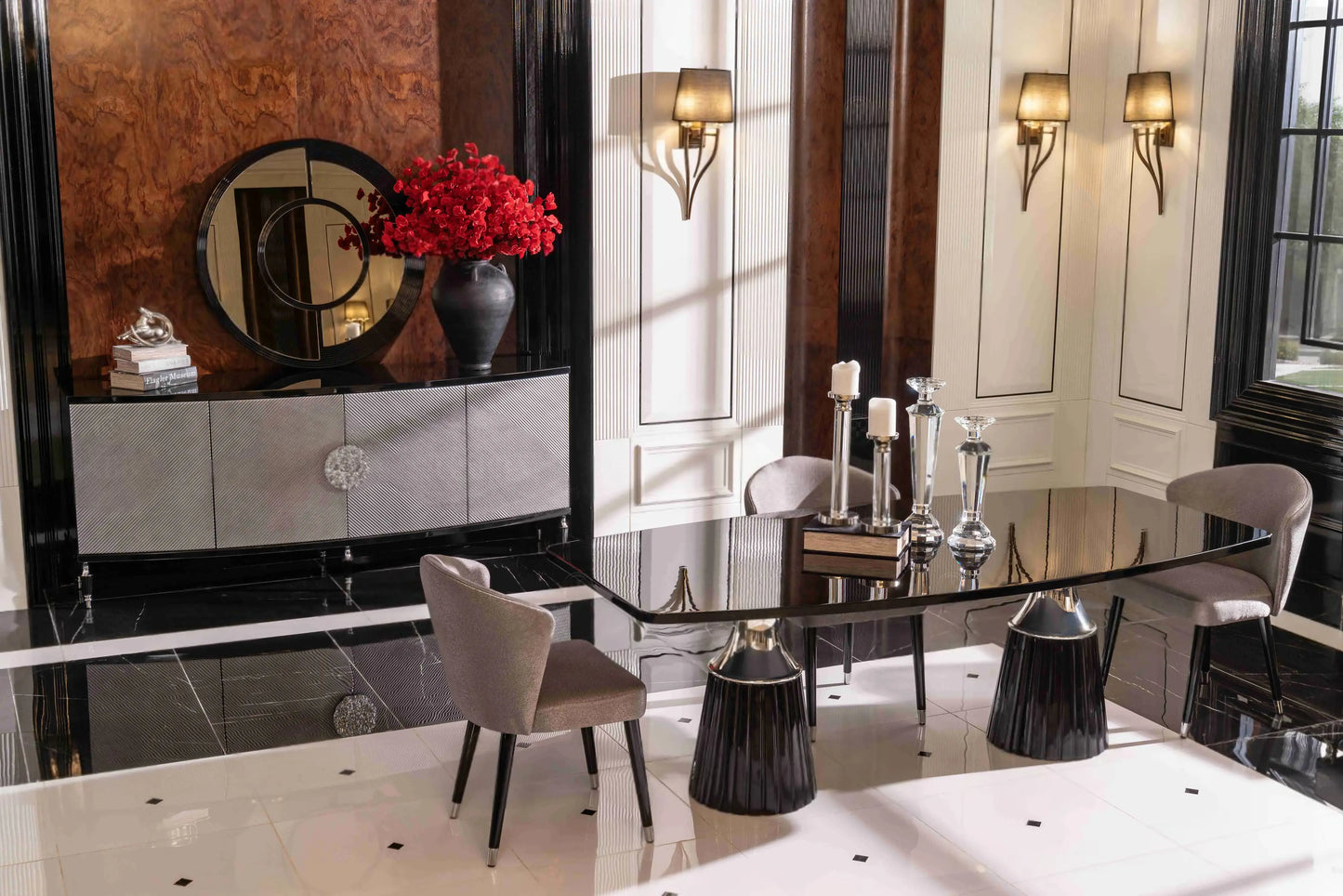 Top view of the Venedik Dining Set table with three chairs and the sideboard with mirror. Luxe Life Furniture.