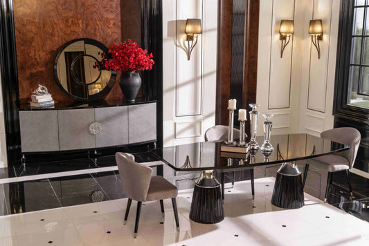 Venedik wood dining set with gold sculptural base Venedik wood dining set with gold sculptural base