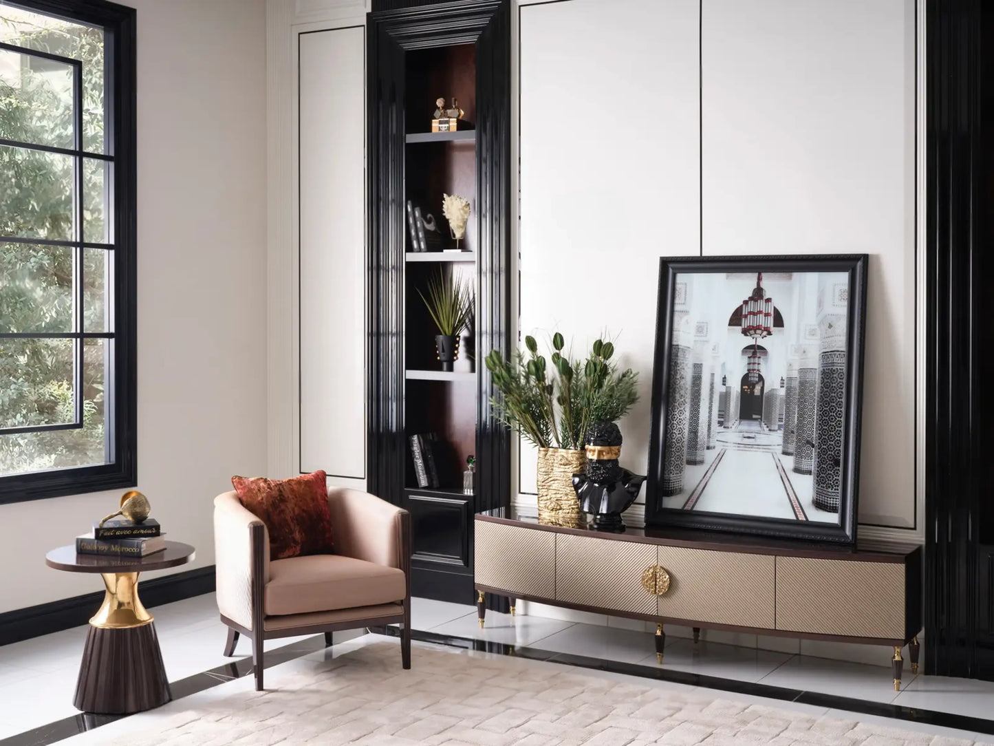 Venedik Dining Set TV unit and armchair with a side table. Luxe Life Furniture.