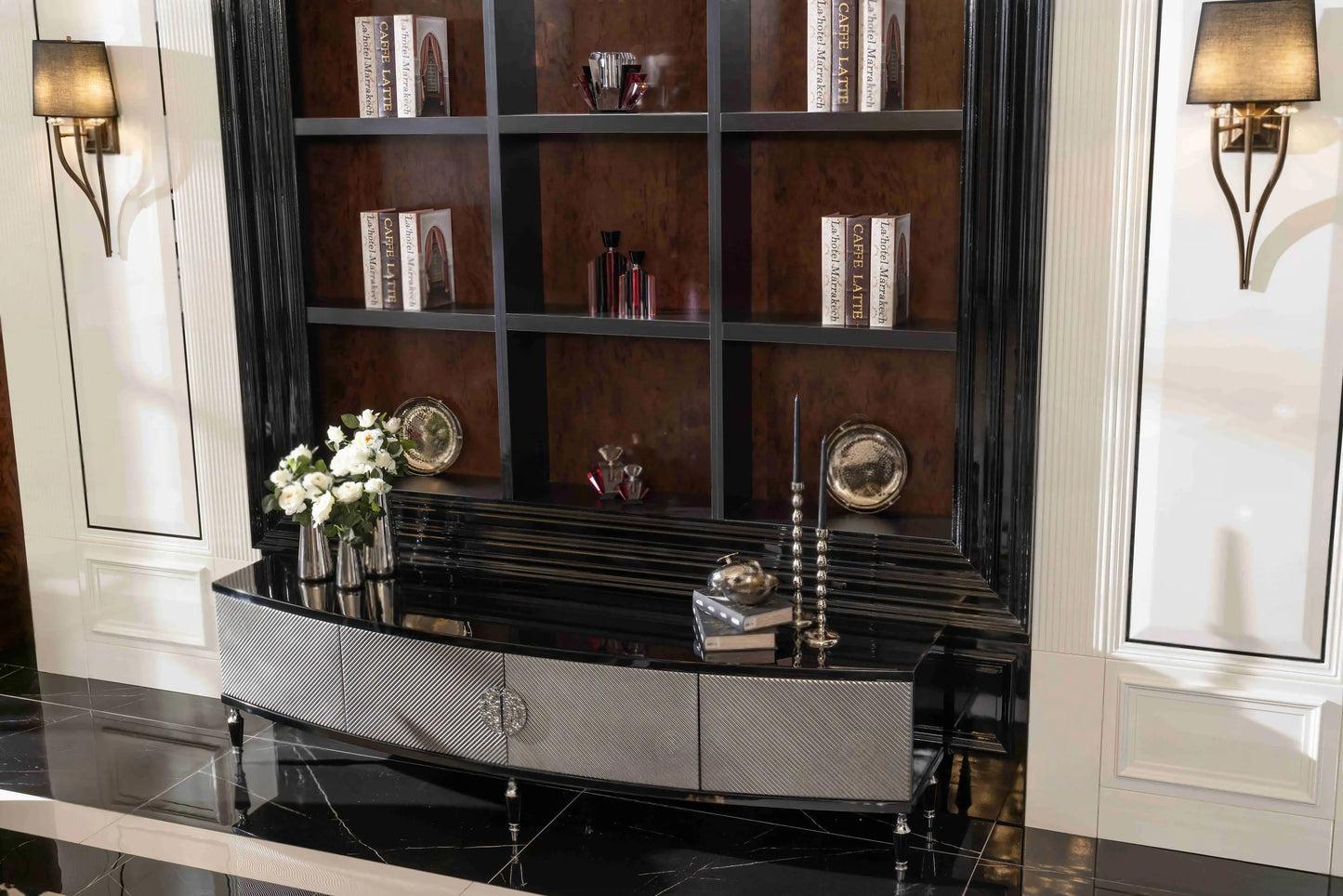 Close view of the black TV unit, part of the Venedik Dining Set. Luxe Life Furniture.