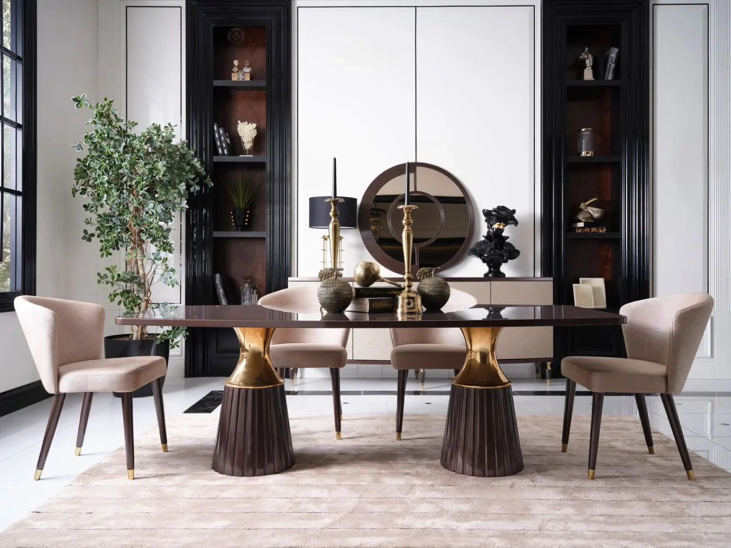 Venedik wood dining set with gold sculptural base