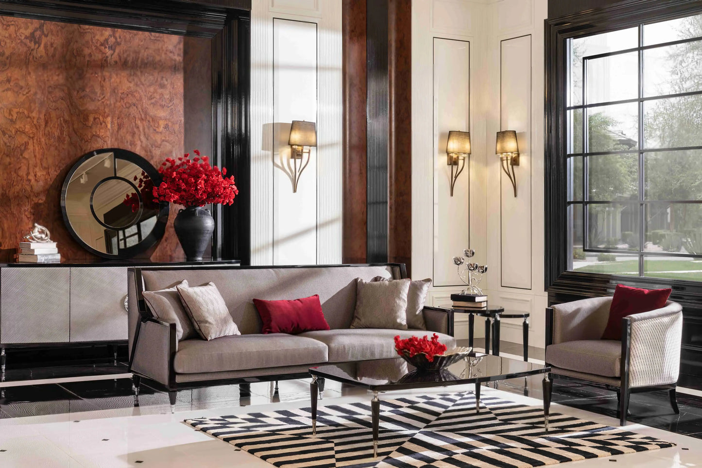 Venedik Sofa Set living room view with a four-seater wooden sofa, armchair, and nesting table set of two. Luxe Life Furniture.